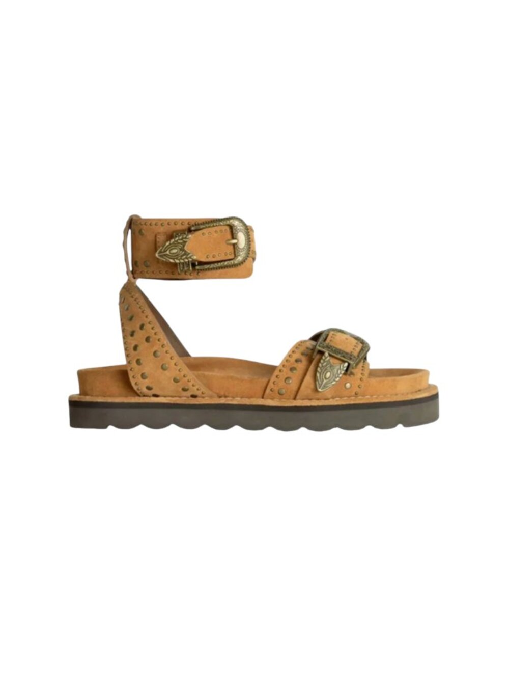 NEW Spell Cabana Studded Sandals Womens 41 11 Brown Tan Suede Brass Buckle Flats